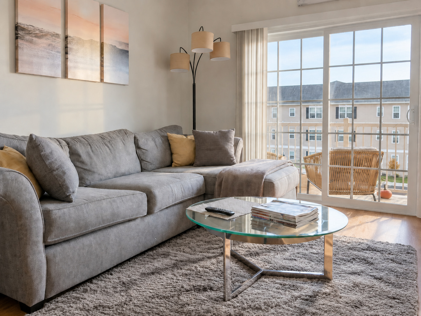 Brightened living room with the gray rug retained, a tidied sofa and table, and a clear patio-door view